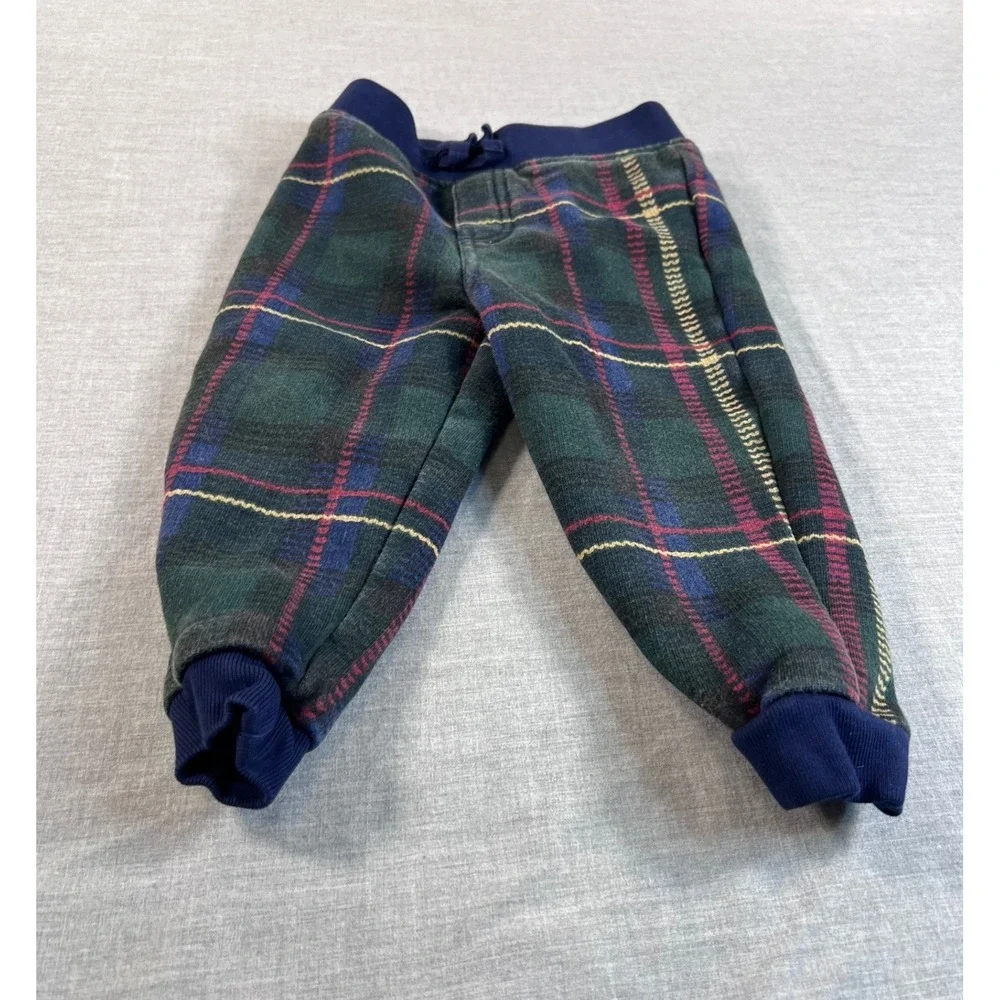 Ralph Lauren Kids 18M Green Plaid Shawl Collar Fleece Sweatshirt & Pants Set
